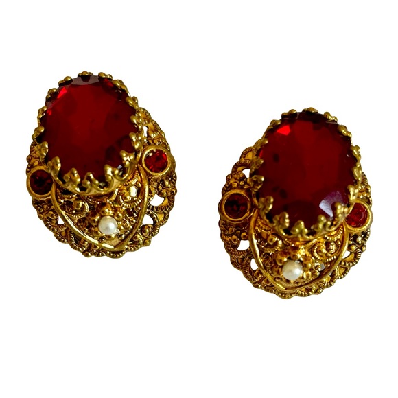 Vintage Signed West Germany Ornate Goldtone Clip Earrings With Red Glass